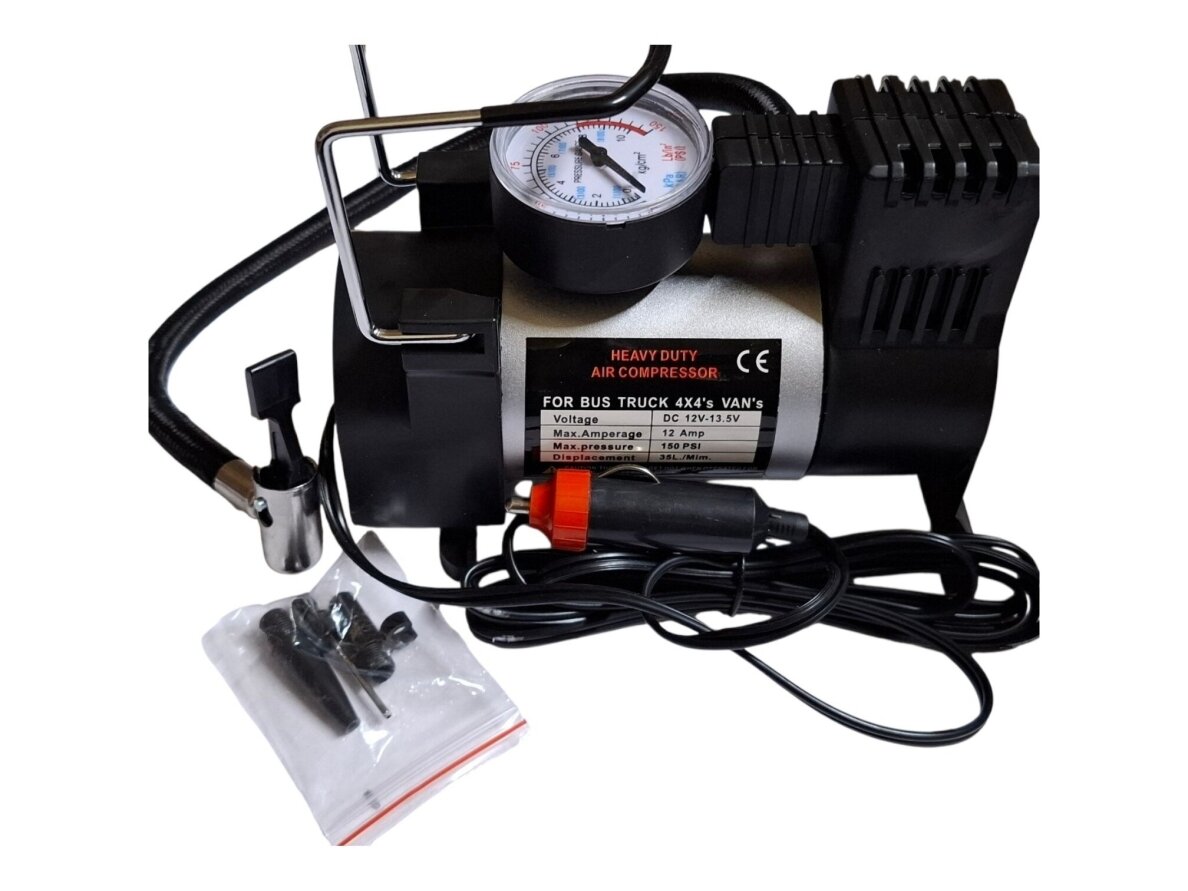 12V Oro kompresorius - mini kompresorius iki 10BAR 30 L/MIN. (slėgio matuoklis, vieno stūmoklio 19mm cilindras) 12V Oro kompresorius - mini kompresorius iki 10BAR 30 L/MIN. (slėgio matuoklis, vieno stūmoklio 19mm cilindras)