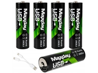 AA įkraunamos baterijos R6 1,5V 1466mAh 4 vnt. Li-ion įkraunamas USB-C laidu AA įkraunamos baterijos R6 1,5V 1466mAh 4 vnt. Li-ion įkraunamas USB-C laidu