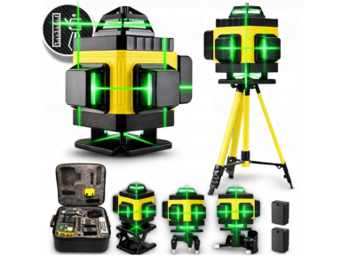 Aukštos kokybės 360° lazerinis nivelyras - ryškios linijos, stovas, 2 baterijos + priedai
